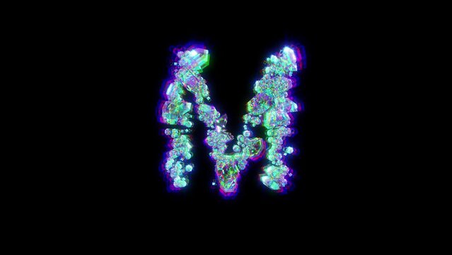 letter M of cybernetic crystals with chromatic aberrance - dichroic font, isolated - loop video
