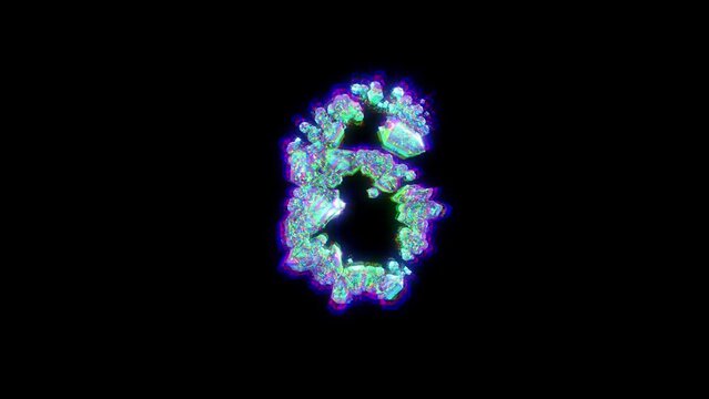 number 6 of cybernetical crystals with chromatic aberrance - dichroic font, isolated - loop video