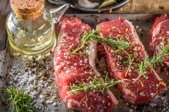 Raw Steak  With Seasoning 