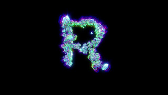 letter R of cybernetic crystals with chromatic aberrance - distorted font, isolated - loop video