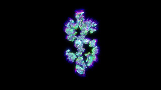 dollar - peso sign of cybernetic crystals with chromatic aberrance - distorted font, isolated - loop video