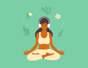 Woman meditating in headphones. Young female sitting lotus pose listening audio meditation. Music for relax. Mental health, self care, zen yoga, leisure vector illustration. Harmony, balance concept