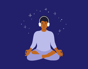 Man meditating in headphones. Young male sitting lotus pose listening audio meditation. Music for relax. Mental health, self care, zen yoga, mindfulness vector illustration. Harmony, balance concept