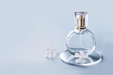 Glass perfume bottle, white flowers and round slides on blue background. Winter or spring floral...