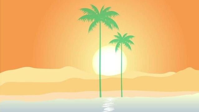 Animated landscape of desert with palm trees. An oasis in the desert.