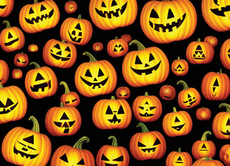 A pattern of Jack O Lantern, carved pumpkins with funny grins, for Halloween. Perfect for cards, invitations. 