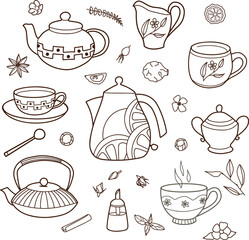 contour drawings, cup and teapot set, for tea and coffee
