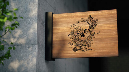 Elegant signboard with a tattoo of a skull, for a salon