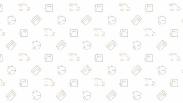 Animated fast seamless pattern. Delivery speed. Transfer money between banks. Transportation service. Looped icons on on white. HD video animation with repeated elements for web and mobile