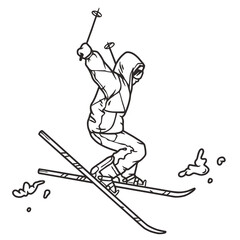 Winter Sports. Skier on skis in a cross jump. Outline hand drawing in vector