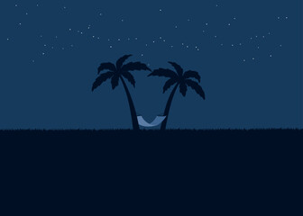 Eine Hängematte aufgespannt zwischen zwei Palmen in der Nacht, im Hintergrund sind Sterne.
