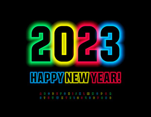 Vector happy Greeting Card Happy New Year 2023! Bright glowing Font. Colorful Illuminated Alphabet Letters and Numbers set