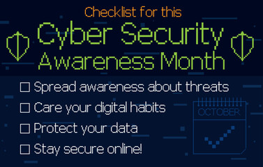 Pixelated Checklist for Use during Cyber Security Awareness Month, Vector Illustration