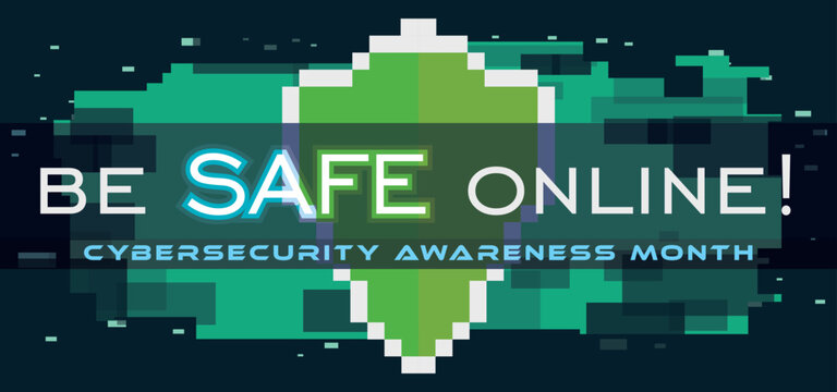 Pixelated Shield Promoting Online Safety during Cybersecurity Awareness Month, Vector Illustration