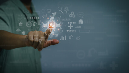 Fototapeta premium Business man's finger touching digital technology icon ,concept Intelligent technology(Ai),Digital transformation Management ,Big Data, Internet of Things and Business Process Strategies