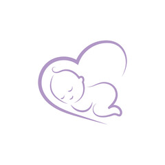 The baby is sleeping in the heart. Line art.