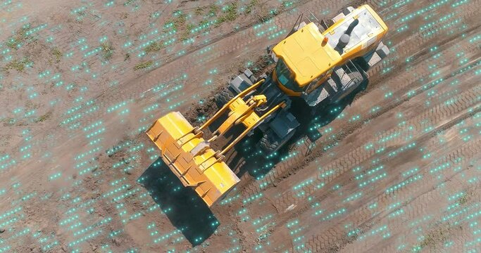 Modern bulldozer view from drone. Visualization of assistive technologies in construction equipment. The bulldozer is scanning the area around it.