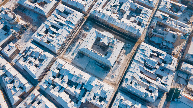 aerial view of lviv city center at snowed winter sunny day
