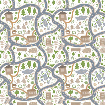 map city terrain plan kids play maze houses trees body of water walkway road hand drawn cute picture background seamless pattern mat