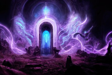 Fantasy night landscape with magical power, ancient stones with magical power and light, runes. Passage to another world, magic door, light, neon. 3D illustration