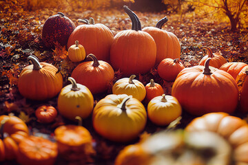 Freshly harvested pumpkin in autumn forest
