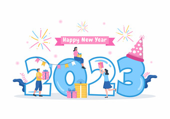 Fototapeta premium Happy New Year 2023 Celebration Template Hand Drawn Cartoon Flat Background Illustration with Fireworks, Ribbons and Confetti Design