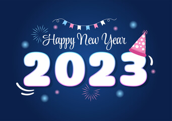 Happy New Year 2023 Celebration Template Hand Drawn Cartoon Flat Background Illustration with Fireworks, Ribbons and Confetti Design