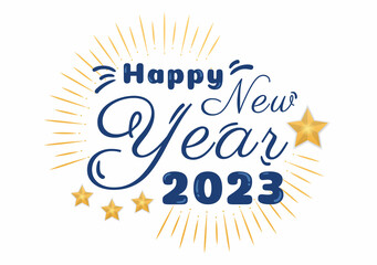 Fototapeta na wymiar Happy New Year 2023 Celebration Template Hand Drawn Cartoon Flat Background Illustration with Fireworks, Ribbons and Confetti Design