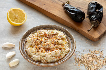 Mutabbal - middle eastern smoky eggplant and  sesame dip sprinkled with berbere ethiopian spice blend.