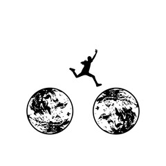 Man jumps from one planet to another icon isolated on white background
