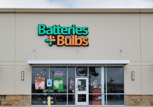 Batteries plus Bulbs storefront exterior in Houston, TX. Retail chain store founded in 1988.