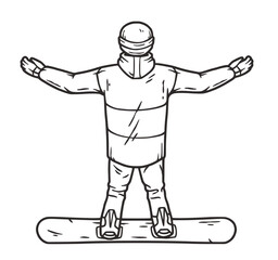 Winter sports. Snowboarder on a snowboard on top of a snowy mountain. Outline hand drawing in vector