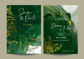 Luxury emerald green wedding invitation with  abstract gold sparkle