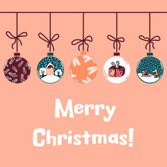 Merry Christmas! Christmas balls on the rope.  Vector greeting card. Perfect for a postcard or poster