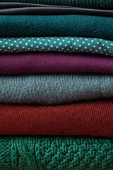 Stack of warm wool and cotton clothes. Textile texture macro close up