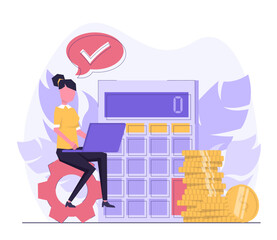 Financial analysis. A woman with a laptop sits atop a pinion, doing business analytics.