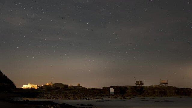 Stars Night Timelapse over "Diable Bridge", Charente, Saint Palais sur Mer, France
