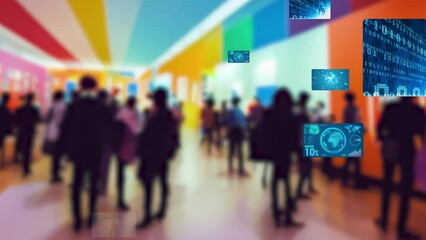 People viewing the exhibition and digital content. Virtual museum. - Powered by Adobe