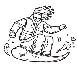 Winter sports snowboarder on a snow board in the jump. Outline hand drawing in vector