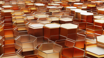 hexagon pattern, Futuristic surface concept with hexagons. Abstract Honeycomb, hexagonal grid,  golden beeswax, Wax cells close up, uncapped honey comb, 3d render