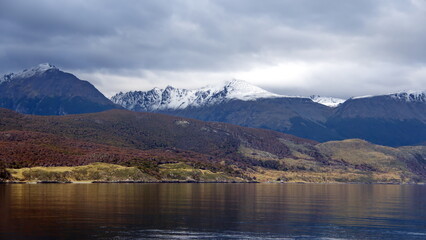 Snow capped mountains along the Beagle Channel near Ushuaia, Argentina