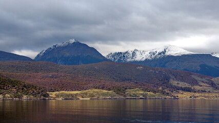 Snow capped mountains along the Beagle Channel near Ushuaia, Argentina
