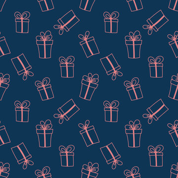 Seamless pattern with gift boxes drawn in a line style. Design for wrapping paper, textiles, etc.