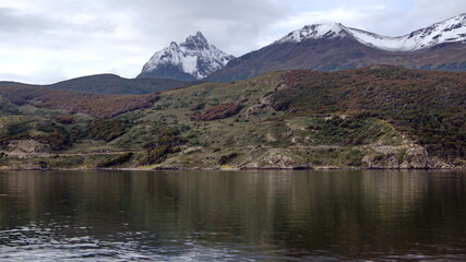 Fototapeta na wymiar Snow capped mountains along the Beagle Channel near Ushuaia, Argentina