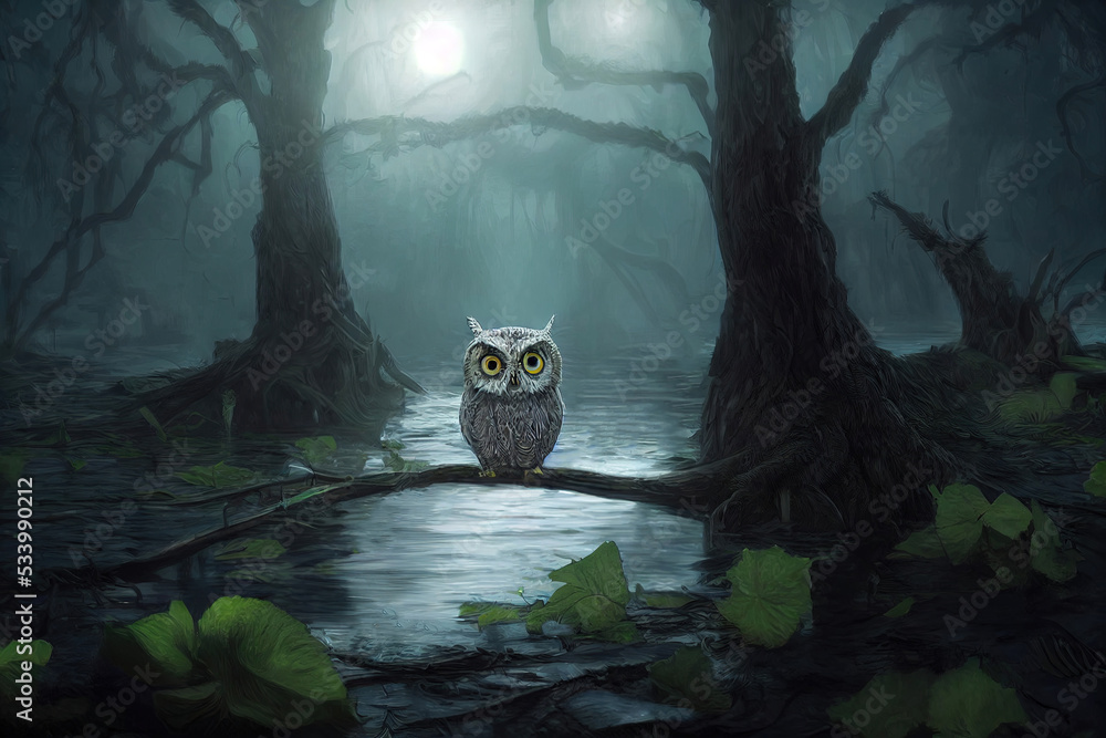 Wall mural Mystical owl sitting on branch at dark forest
