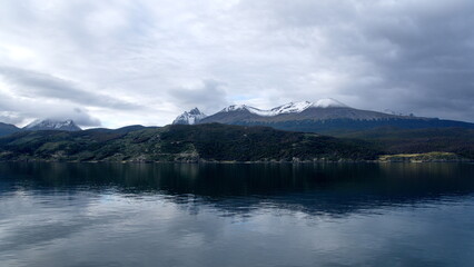 Snow capped mountains along the Beagle Channel near Ushuaia, Argentina