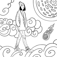 Fashionable illustration. A girl walks through the clouds.