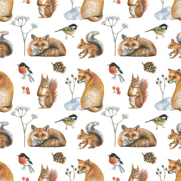 Beautiful seamless pattern with watercolor hand drawn wild animals squirrel, fox, birds. Winter forest illustration.