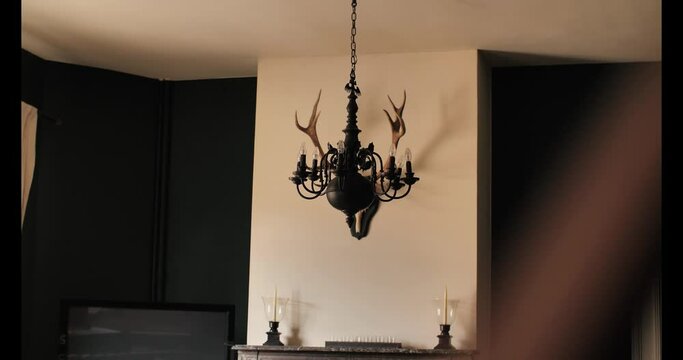 d&eacute;coration avec des bois de cerf, style maison de chasse. Baroque et mondain 