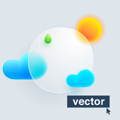 O letter logo made of sun, clouds, and green drop under mate glass. Realistic 3d glass morphism style emblem.